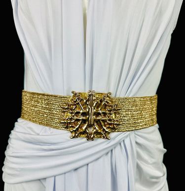 Wide gold belt with sculpted design for women’s outfits