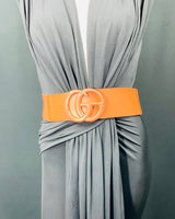 Brown elastic belt with bold rhinestone buckle