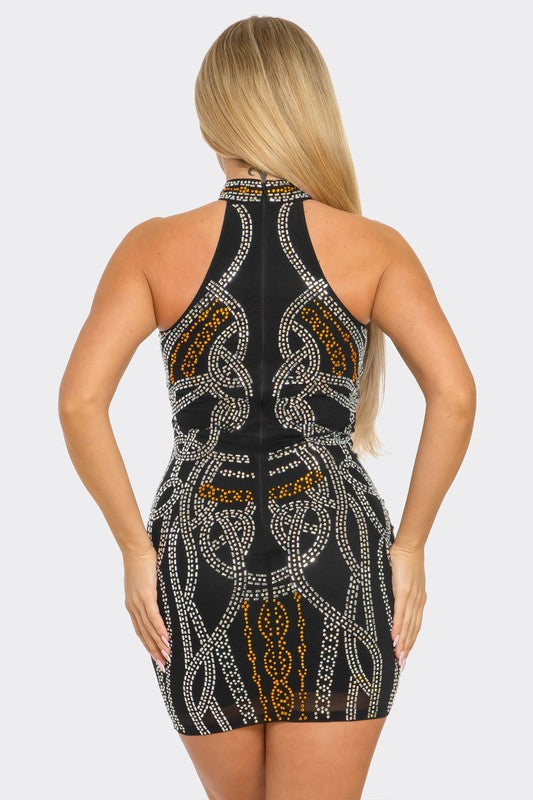 Rhinestone party dress with a high neckline and unique geometric patterns for a modern touch.