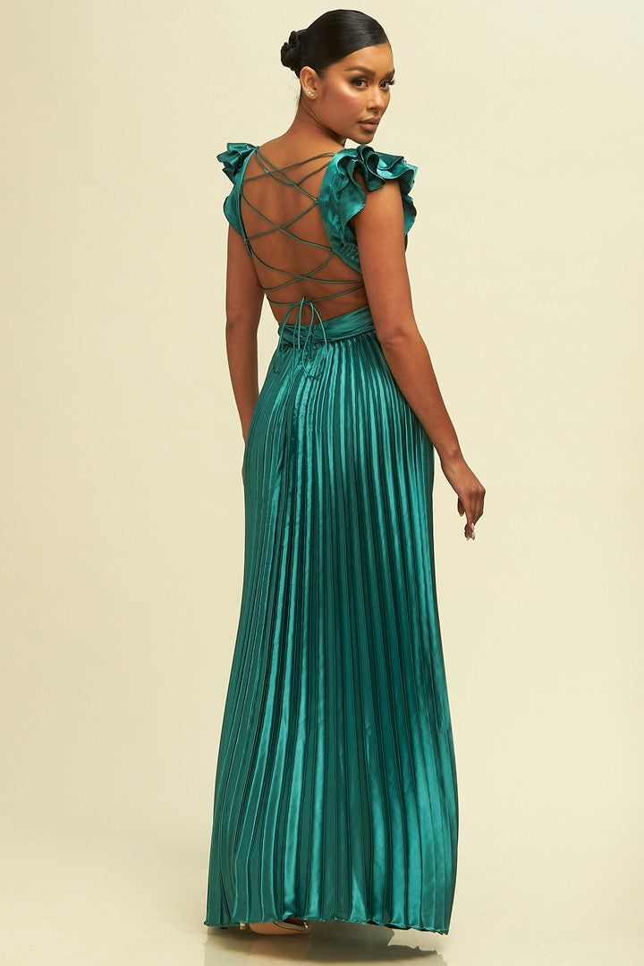 Formal green pleated dress with lace-up back and deep V-neckline