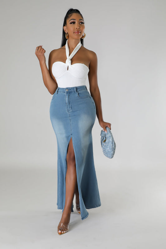 Long denim maxi skirt in light wash, perfect for casual wear.