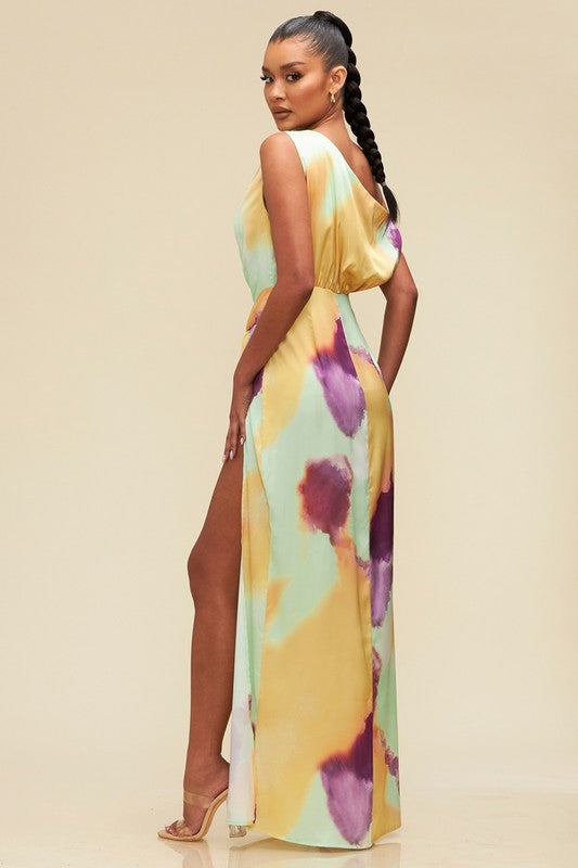 Elegant one-shoulder evening dress in vibrant watercolor pattern.