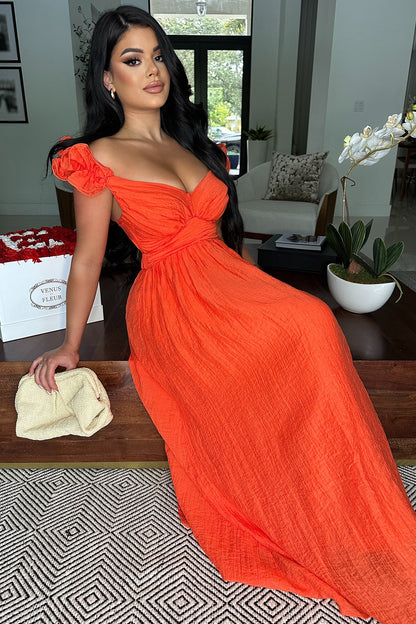 Whispering Petals Ruffle Shoulder Maxi Dress (Orange)