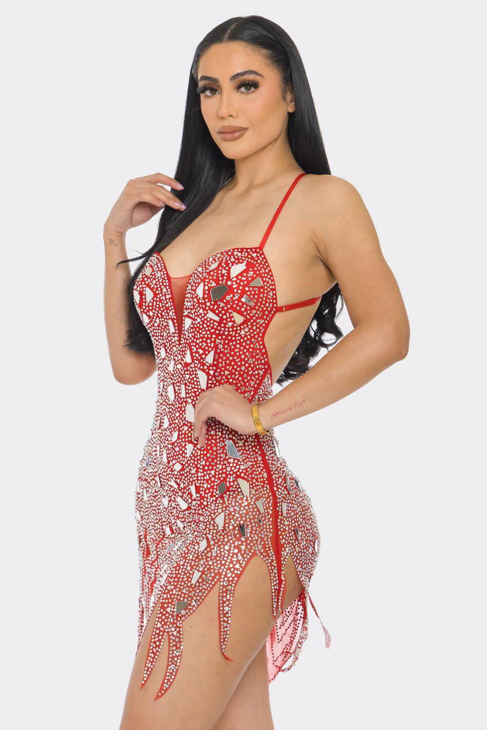 Dazzling Rhinestone Glam Mini Dress (Red)