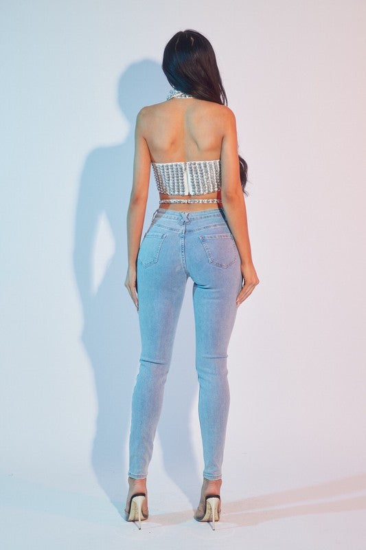 Rhianna Cut out Crystal Cascade Denim Jeans