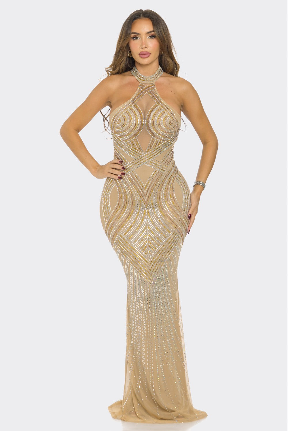 Halter Collar Rhinestone Maxi Dress (Nude)