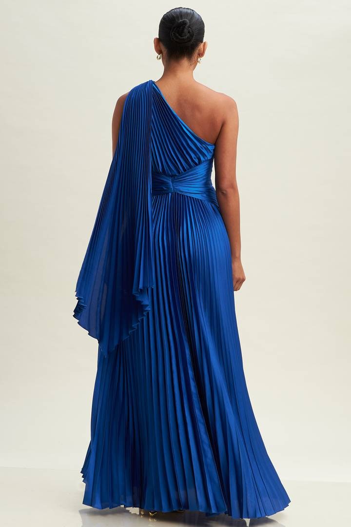 One Shoulder Pleated Maxi Dress (Blue)