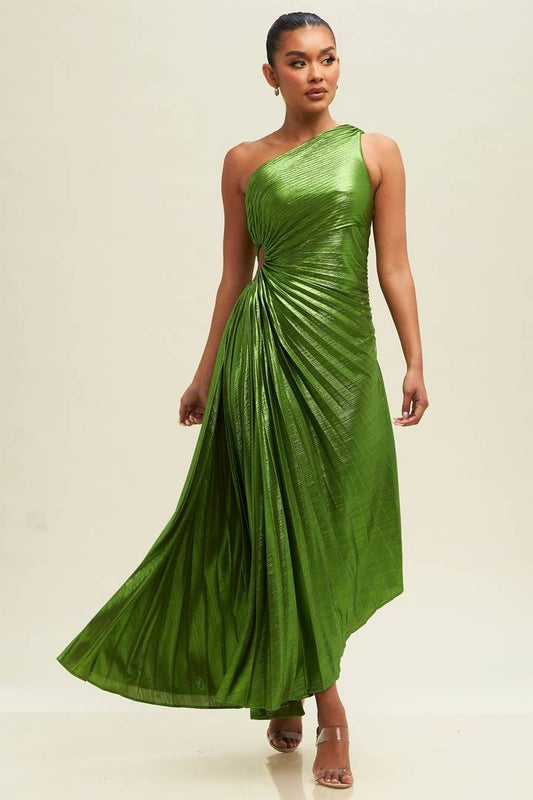 Metallic Cutout Pleated Maxi Dress (Moss)