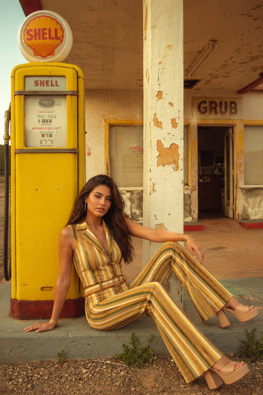 Sunset Avenue Striped Denim Jumpsuit Mustard Multi