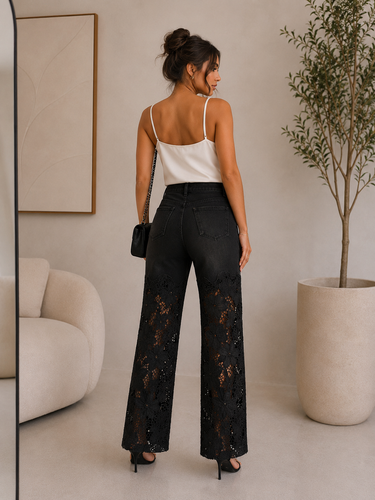 Pearl Lace Glam Straight-Leg Jeans - Black
