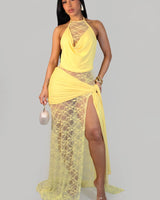 Lace Illusion Draped Halter Gown Maxi Dress - Yellow | Maxi Dress