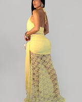 Lace Illusion Draped Halter Gown Maxi Dress - Yellow | Maxi Dress