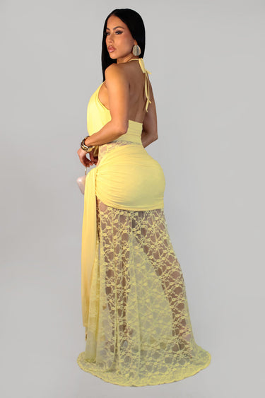 Lace Illusion Draped Halter Gown Maxi Dress - Yellow | Maxi Dress