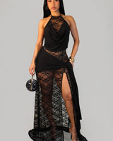 Lace Illusion Draped Halter Gown Maxi Dress - Black | Maxi Dress