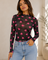 Midnight Romance Heart Print Mesh Top