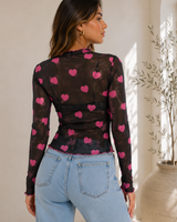 Midnight Romance Heart Print Mesh Top