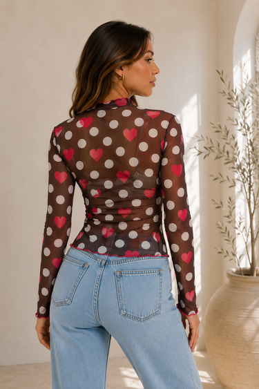 Midnight Romance Heart Print Mesh Top