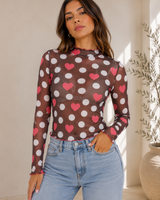 Midnight Romance Heart Print Mesh Top