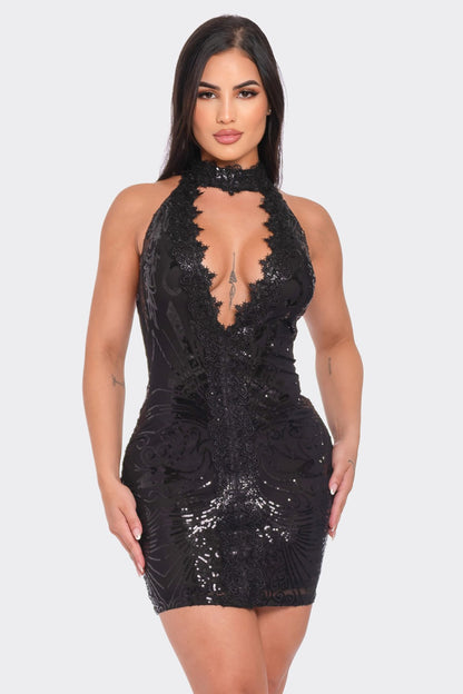 Fell From Heaven Sequin Crochet Mini Dress ( Black)