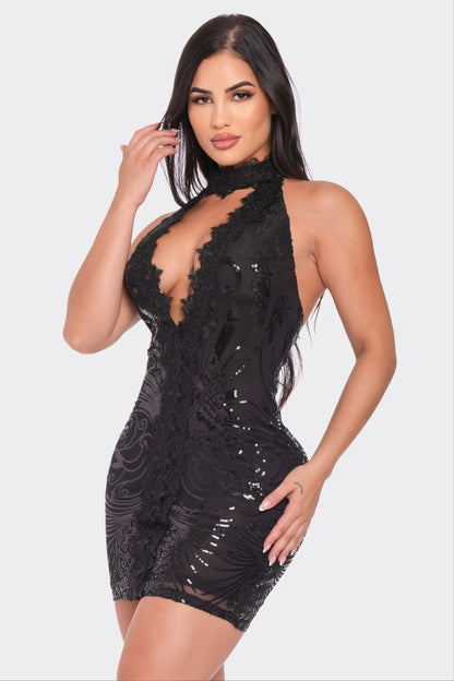 Fell From Heaven Sequin Crochet Mini Dress ( Black)