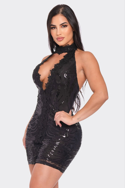 Fell From Heaven Sequin Crochet Mini Dress ( Black)