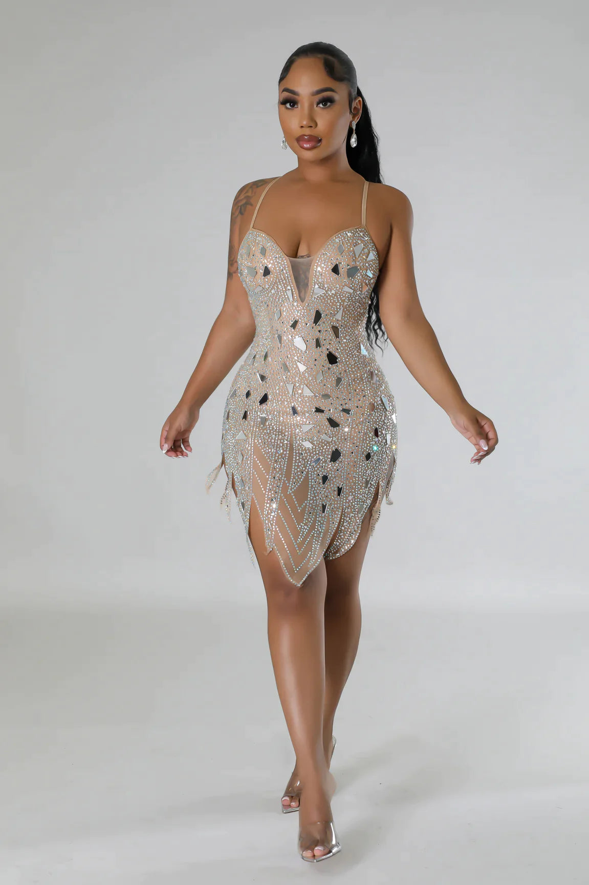 Dazzling Rhinestone Glam Mini Dress Nude