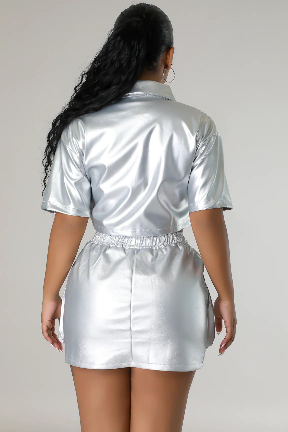 Pocketed Posh Leather Skirt (Silver)
