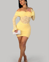 Luxe Lace Illusion Off-Shoulder Mini Dress - Yellow