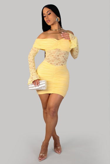 Luxe Lace Illusion Off-Shoulder Mini Dress - Yellow