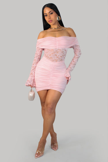 Luxe Lace Illusion Off-Shoulder Mini Dress - Pink