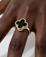 Black Marble Stone Clover Adjustable Gold Ring