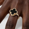 Black Marble Stone Clover Adjustable Gold Ring