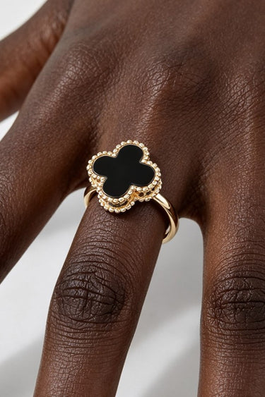 Black Marble Stone Clover Adjustable Gold Ring