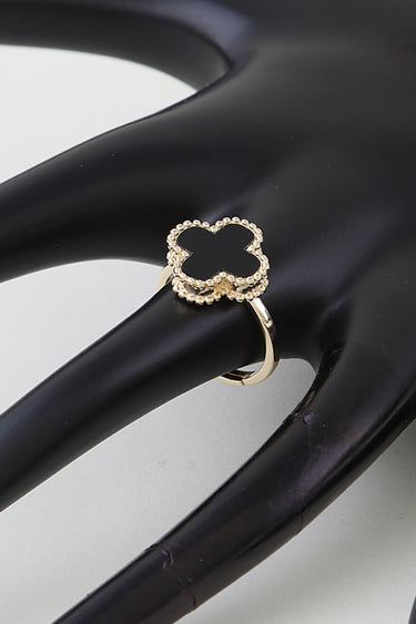 Black Marble Stone Clover Adjustable Gold Ring