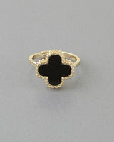 Black Marble Stone Clover Adjustable Gold Ring