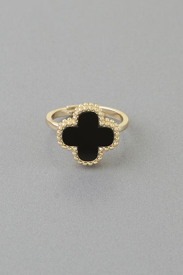Black Marble Stone Clover Adjustable Gold Ring