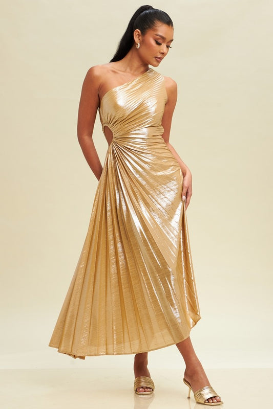 Metallic Cutout Pleated Maxi Dress (Champagne)