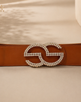 Rhinestone GO Charm Elastic Belt (Cognac)