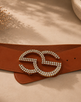 Rhinestone GO Charm Elastic Belt (Cognac)