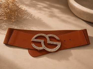 Rhinestone GO Charm Elastic Belt (Cognac)
