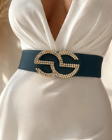 Rhinestone GO Charm Elastic Belt (Cognac)