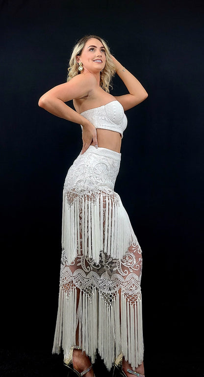 Amaranth Lace Knit Fringe Skirt Set