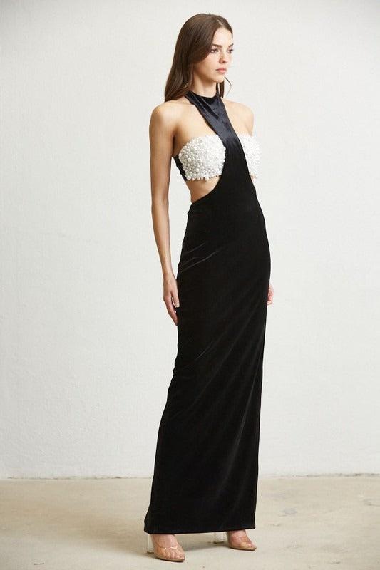Atenea Pearls Velvet Maxi Dress (Black)