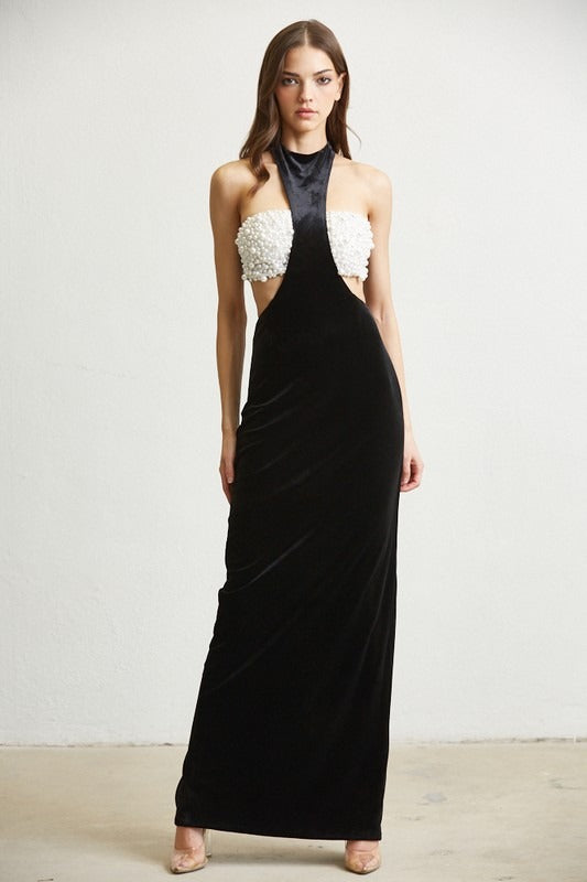 Atenea Pearls Velvet Maxi Dress (Black)