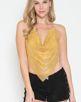 Metallic Rhinestone Backless Cowl Crop Top- Gold