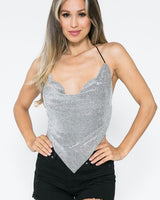 Metallic Rhinestone Backless Cowl Crop Top- Silver/Black