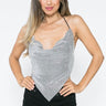 Metallic Rhinestone Backless Cowl Crop Top- Silver/Black