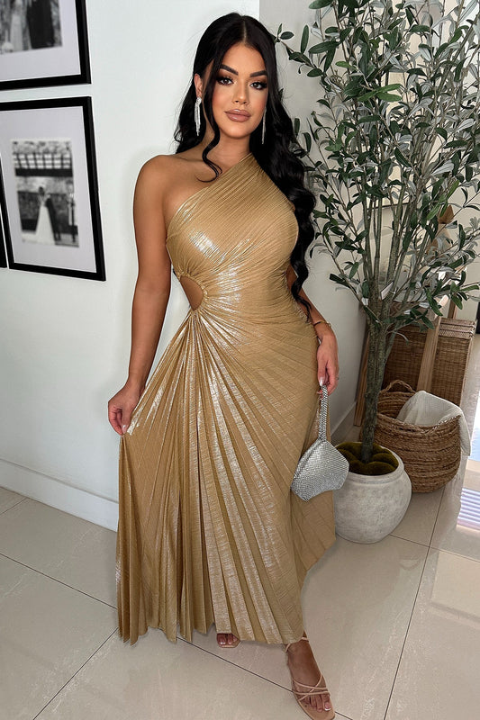 Metallic Cutout Pleated Maxi Dress (Champagne)