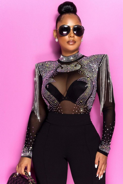 Yonce Ultra Luxe Embellished Padded Shoulders Bodysuit (Black)