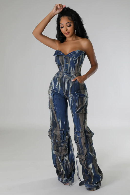 Losing My Mind For You Cargo Denim Jumpsuit